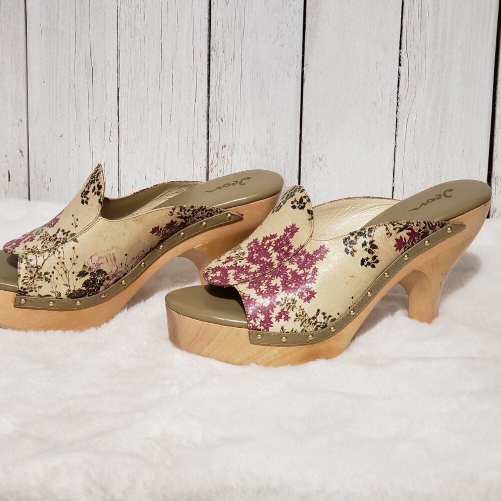 Jeon Art to Wear 9M Leather Heels Clogs Mules Italy Wood Floral Boho Indie Retro - Picture 3 of 11